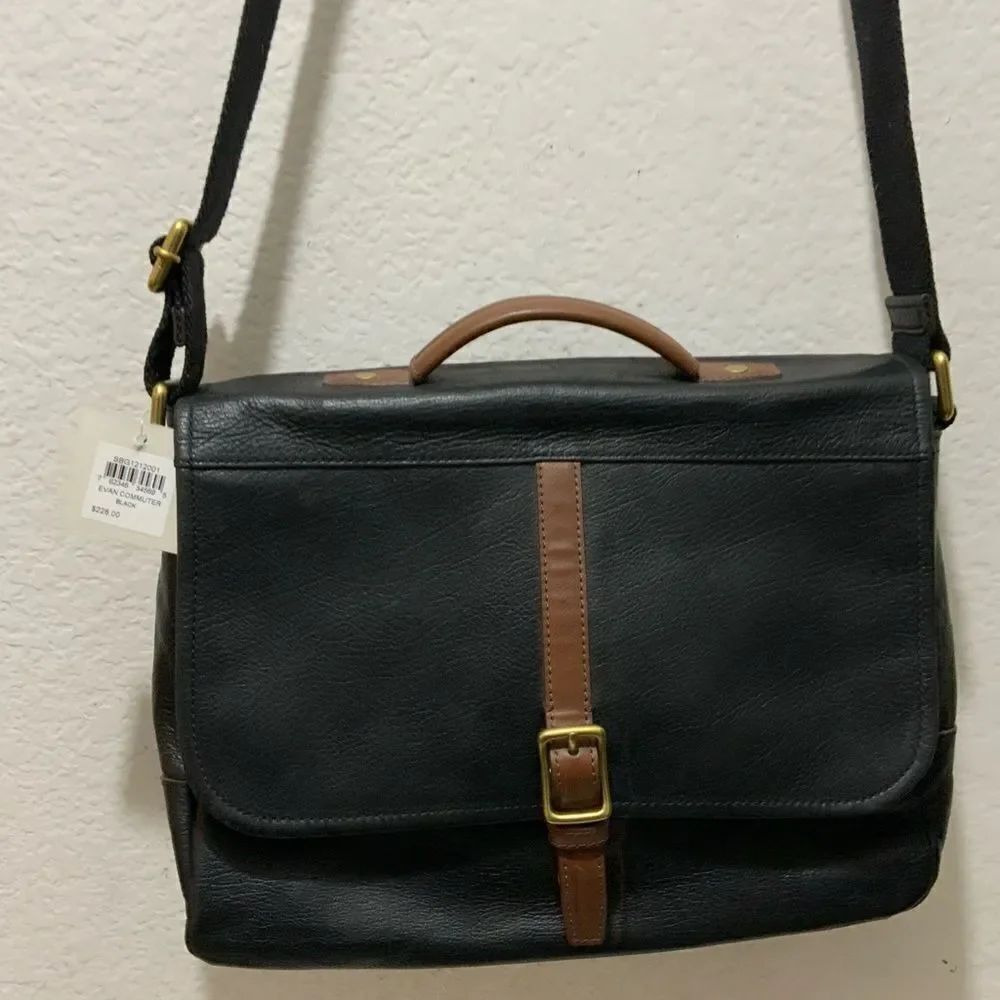 Fossil Black Leather Evan Commuter Satchel Messenger Bag New